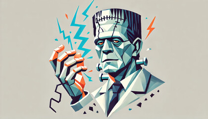 Polygon style illustration of Frankenstein with sharp edges and geometric shapes receiving electricity. The background is plain white