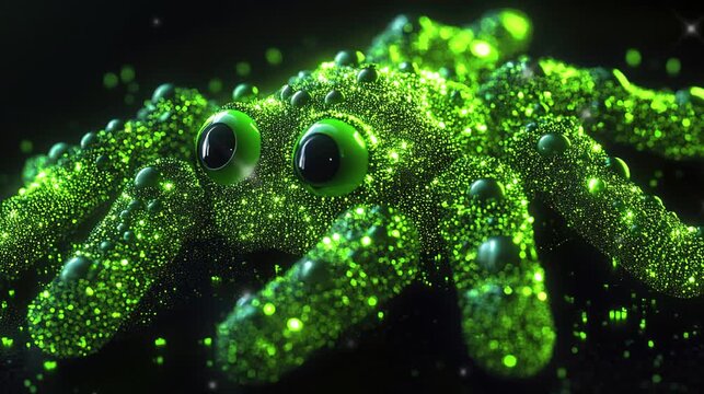 Video footage of teal green fluorescent microscopic with dark background.