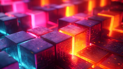 Abstract 3D Cubes with Neon Lights Background