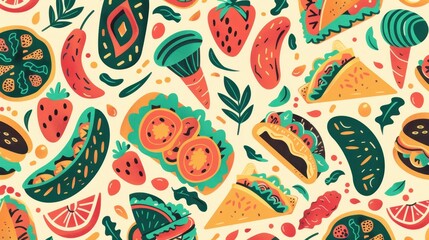 Naklejka premium Brightly colored design showcasing an array of tasty foods like tacos, strawberries, and cucumbers arranged playfully
