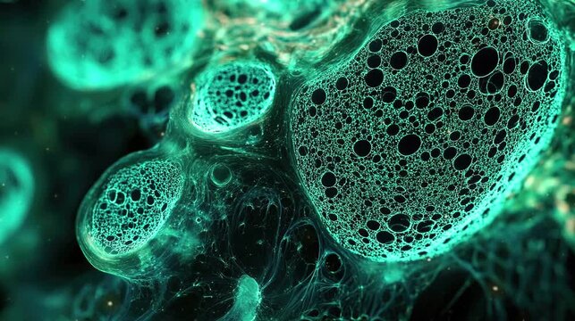 Video footage of teal green fluorescent microscopic with dark background.
