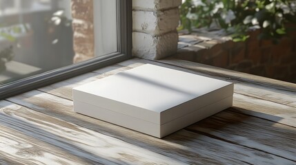 White packaging box mockup on a simple wooden table, with a clean, minimalistic aesthetic