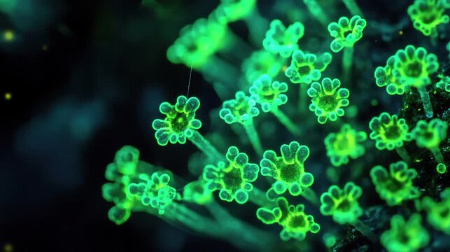 Video footage of teal green fluorescent microscopic with dark background.