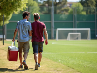 Two friends walking on soccer field carrying cooler