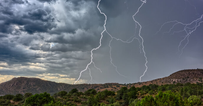 Lightning over Sullivan Butte during the monsoon, Chino Valley, Arizona, USA