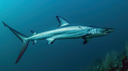 Fototapeta premium Blue Shark Swimming in Clear Blue Water