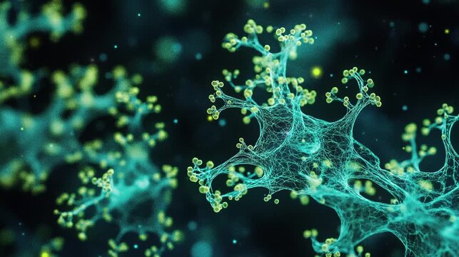 Video footage of teal green fluorescent microscopic with dark background.