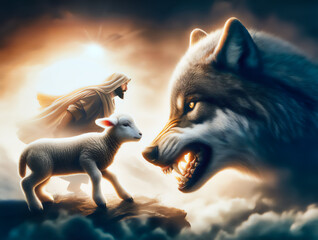 Jesus and lamb face to face with a devil wolf with angry face ready to fight the evil