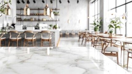 Naklejka premium Marble Table Top with Blurred Cafe Interior