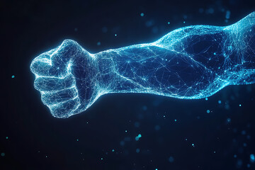 Human power low poly wireframe banner template. Polygonal physical strength, strong bodybuilder, athlete body mesh art illustration. 3D male hand muscles, flexed biceps with connected dots