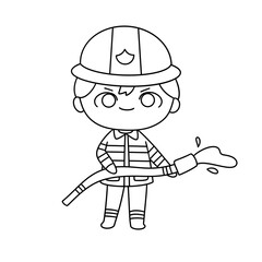 A cartoon drawing of a firefighter holding a hose