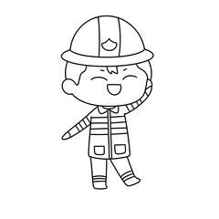 A cartoon character is wearing a fireman's hat and uniform