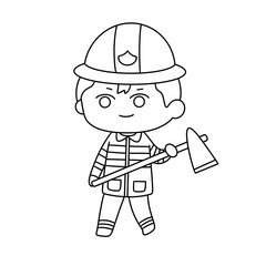A cartoon character is holding a fire axe and wearing a fireman's hat