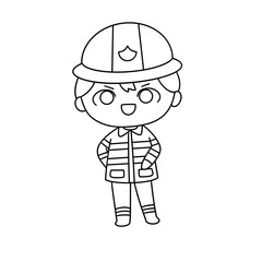 A cartoon character wearing a hard hat and a fireman's uniform