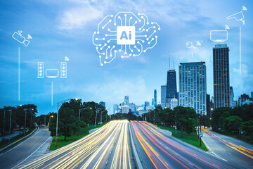 Artificial Intelligence powered Futuristic smart City Concept, Chicago, Illinois, USA