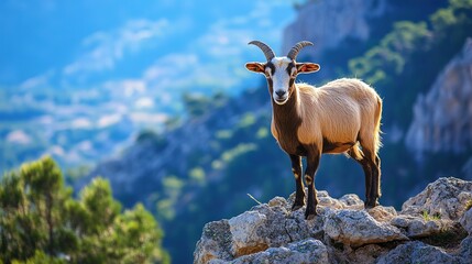  Wild Goat on Rocky Outcrop with Majestic Mountainous Background