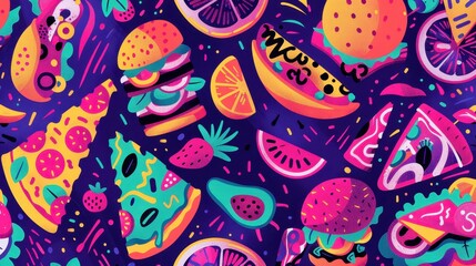 Naklejka premium A collection of bright food illustrations including burgers, pizza, and fruits on a dark canvas