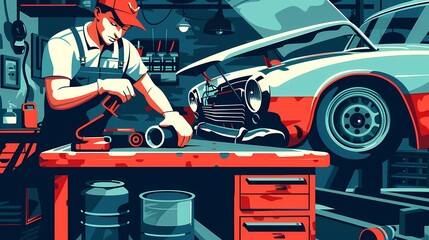 Automotive Technician illustration Cartoon flat color art minimal