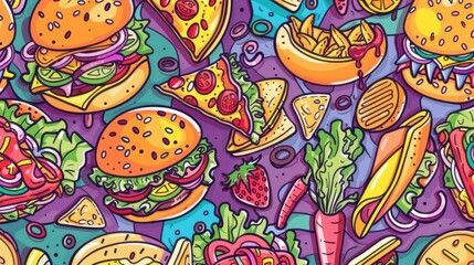 Naklejka premium A lively array of various fast food items artfully arranged in a colorful pattern