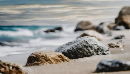 Obraz premium close-up painting of rocks on sand with a blurred, abstract beach and ocean background, using soft brush strokes and muted colors.