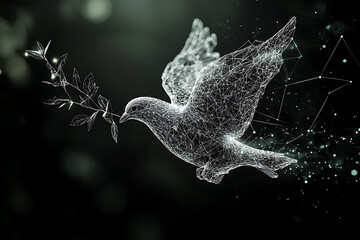 Obraz premium A digital wireframe polygon illustration of a dove holding an olive branch, featuring intricate lines and points in a technological style. 