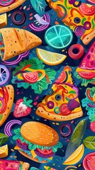 A vibrant assortment of food including tacos, pizza, and burgers set against a dark backdrop with colorful toppings