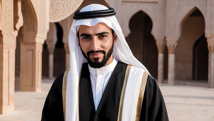 Naklejka premium A man in traditional Arabic clothing standing in a courtyard.