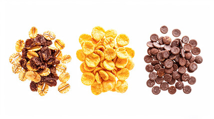 Obraz premium Assortment of cereal, grains, muesli or oats for healthy breakfast, organic farm market product isolated on white background