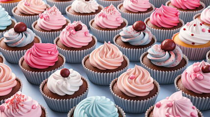 Food photography of cupcakes with sprinkles and berries on the top of it, arranged neatly in line. Wallpaper for advertisement, celebration of cupcake day, birthday card.