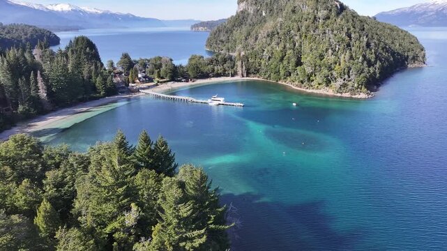 Bahia Brava At Villa La Angostura In Neuquen Argentina. Snowy Mountains. Angostura Village. Travel Background. Bahia Brava At Villa La Angostura In Neuquen Argentina.