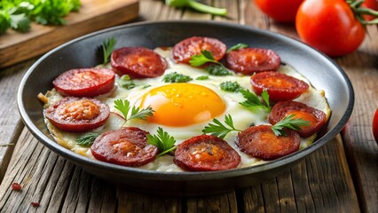 Turkish breakfast sucuk sausage with scrambled eggs