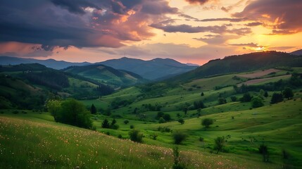Obraz premium Sunset Over Rolling Green Hills