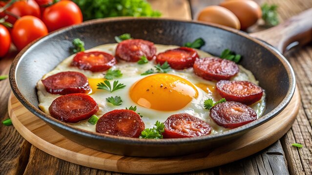 Turkish breakfast sucuk sausage with scrambled eggs