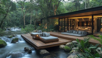 Obraz premium Modern Deck Over a Tranquil Stream in a Lush Forest