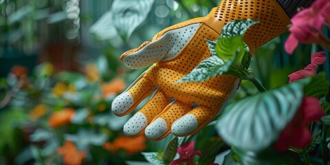 Close-up of vibrant green gardening gloves resting on rustic wooden table, surrounded by freshly picked flowers and gardening tools. Evokes a sense of nature and nurturing