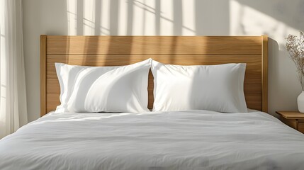 White pillowcase mockup on a simple wooden bed, with a clean, minimalistic design