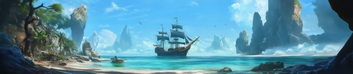Treasure Hunt Adventure in a Hidden Bay with a Pirate Ship, an Animated Landscape Perfect for Game Art, Storybook Illustrations, and 4K Wallpapers.