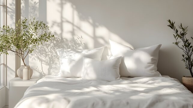 White pillowcase mockup on a light grey bed, with subtle highlights and minimalist decor