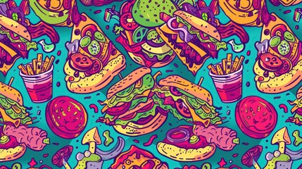 Naklejka premium An assortment of energetic and colorful fast food dishes, showcasing burgers, pizzas, and fries on a lively background