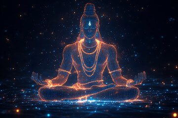 Shiva in a meditative pose, depicted as a wireframe with glowing lines, blending sacred tradition with digital artistry. The serene figure is surrounded by a mystical aura.

