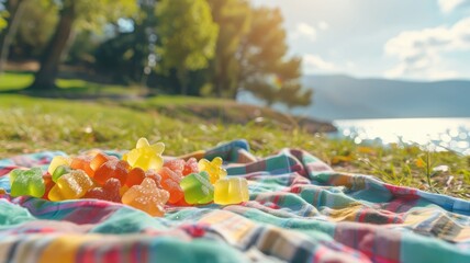 Fototapeta premium Assorted gummy bears on plaid blanket by lake in park