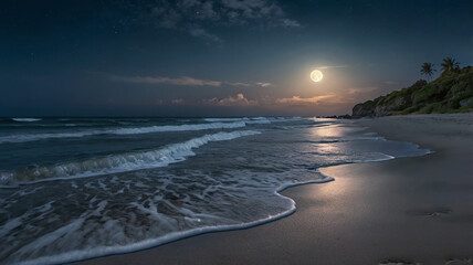 Moon light reflaction on the water and sand of the beach. 