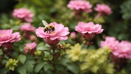  a bee on a pink rose. 