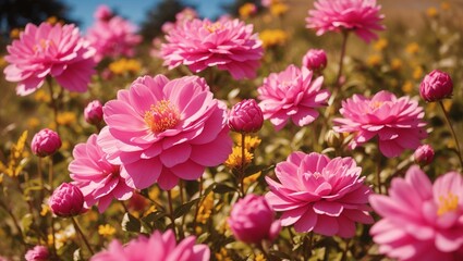  pink flowers with yellow centers. 