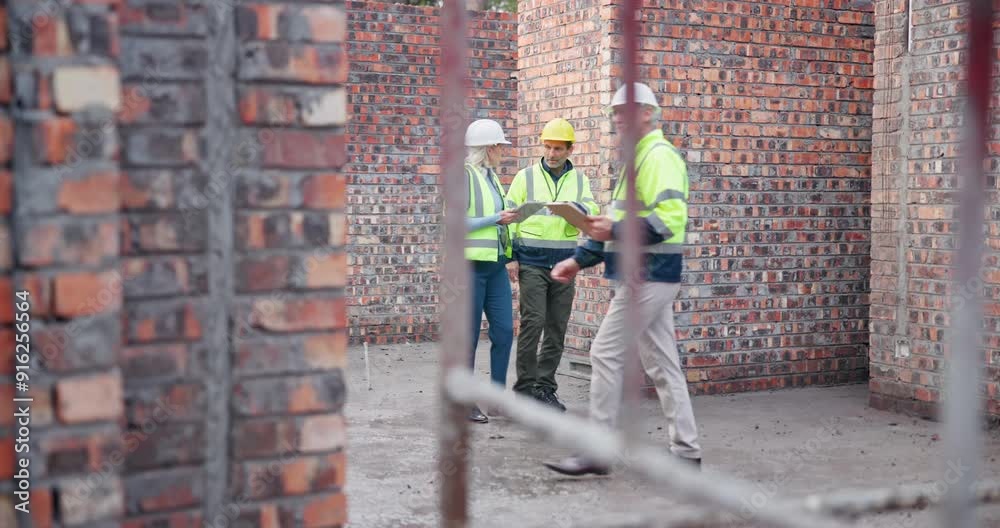 Poster tablet, progress or people in construction site for inspection, building architecture or engineering
