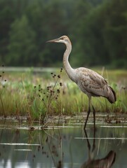 Naklejka premium Elegant Sandhill Crane in Serene Wetland Habitat