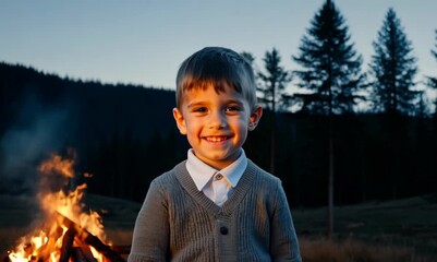 Medium shot portrait video of a grinning child male that is wearing a chic cardigan against a remote wilderness campground with a roaring campfire background