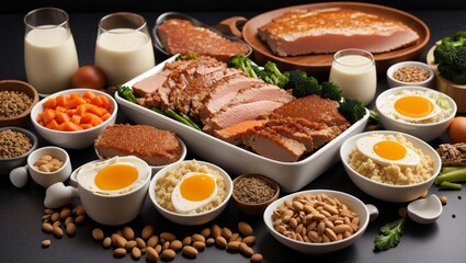 a plate with a variety of foods, including salmon, an egg, rice, vegetables, nuts, and fruit.