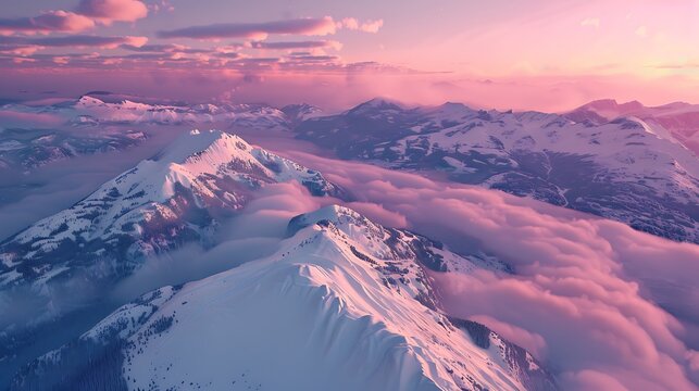 Snowy Mountain Peaks at Sunset with Pink Clouds