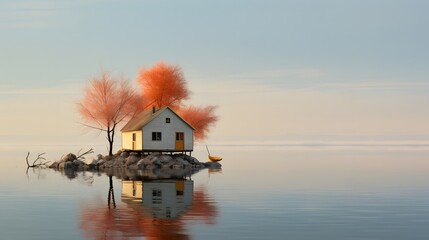 Surreal landscape with a floating house on water surrounded by calm reflections for a dream-like visual.